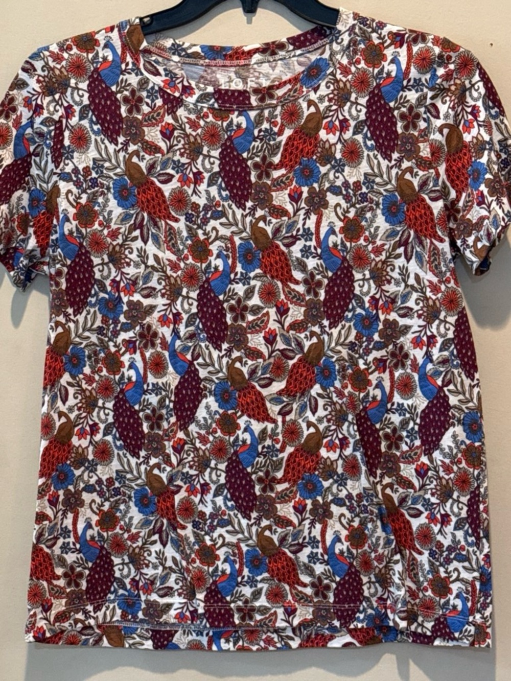 LOFT White Multi Floral Peacock Short Sleeve Tee